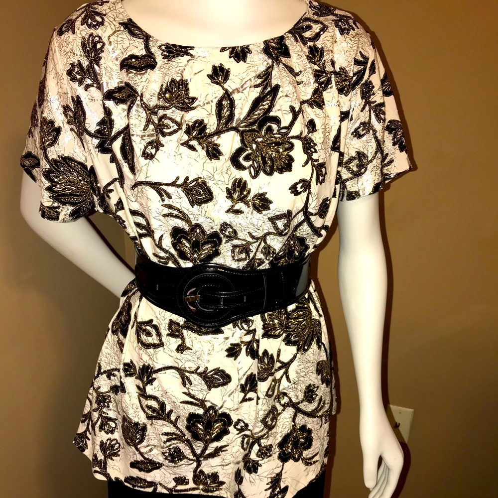 Sequin cream & black flowers, gold glitter Blouse